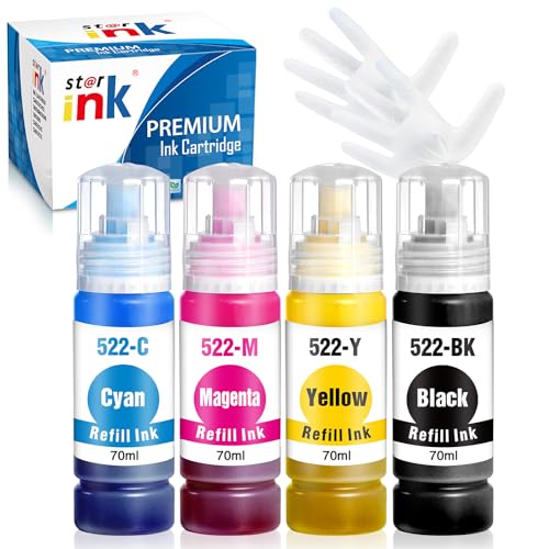 st@r ink Compatible Replacement for Epson 522 Ink Refill Bottles for ET-2720 ET-4800 ET-4700 ET-2800 ET-2803 EcoTank Printer(Black Cyan Magenta Yellow) 4-Pack