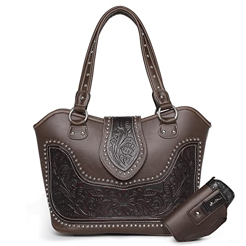 Montana West Western Handbag Tooled Shoulder Bag Leather Tote Bag with Detachable Holster for Women WRLH-8005CF
