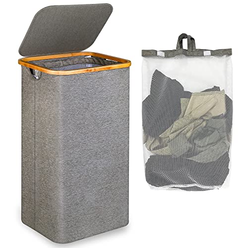 efluky Large Laundry Basket with Lid, 100L Tall Laundry Basket with Bamboo Handles for Clothes and Toys, Freestanding Collapsible Laundry Hamper with Inner Bag for Bedroom and Bathroom, Grey