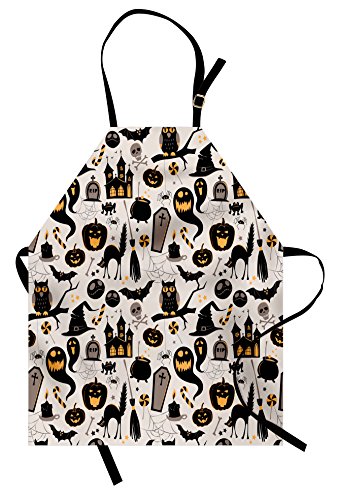 Lunarable Vintage Halloween Apron, Halloween Cartoon Jack o' Lantern Tombstone Skulls and Bones, Unisex Kitchen Bib with Adjustable Neck for Cooking Gardening, Adult Size, Pale Grey