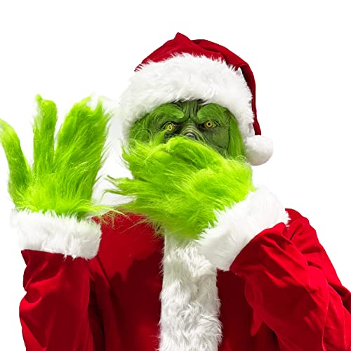 Blafly Christmas Costume Mask Gloves Hat for Men Adult Green Santa Accessories Set Realistic Funny Latex Face Head Women Halloween Xmas Holiday Carnival Cosplay Suit Outfit Props
