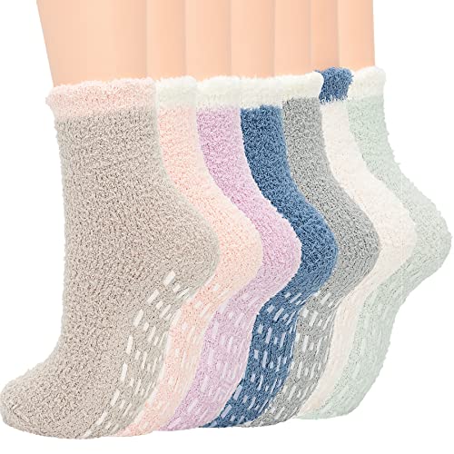 Zando Fuzzy Socks for Women Non Slip Slipper Socks Home Indoor Grip Socks Warm Cozy Socks Super Soft Fleece Socks Winter Comfy Socks Sleeping Athletic Socks 7 Pairs Lovely Patchwork One Size