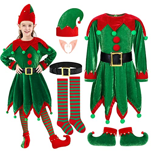 SOMSOC 6 Pack Girls Christmas Elf Costume Set Velvet Dress with Elf Hat Shoes Ears Belt Striped Over Knee High Socks