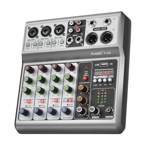 Aveek Professional Audio Mixer, Sound Board Mixing Console with 5 Channel Digital USB Bluetooth Reverb Delay Effect, Input 48V Phantom Power Stereo DJ Mixers for Recording, Live Streaming, Podcasting