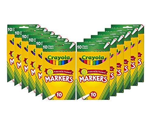 Crayola Fine Line Markers (12pk), Coloring Markers for Kids, Back to School Supplies for Classrooms, 10 Colors, Nontoxic, 3+
