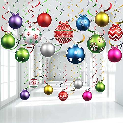 50 Pcs Christmas Foil Hanging Decorations Set Swirl Xmas Holiday Snowman Elk Sign Hanging Swirls Ceiling Decorations for Indoor Outdoor Xmas Holiday Party Supplies (Ball)