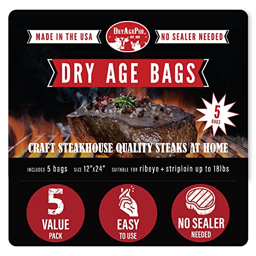 DryAgePro Dry Age Bags for Meat, Bag Size 12” x 24” for Ribeye Steak and Strip loin up to 18 lbs, Pack of 5, Craft Delicious Aged Beef at Home, No vacuum sealer needed, Easy to Use Steak Aging Kit