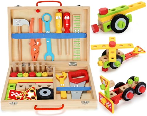 WEMEMORN Tool Kit for Kids, 43 pcs Wooden Toddler Tools Set Include Tool Box, Montessori Stem Learning Educational Construction Toys for 3 4 5 6 Year Old Boys Girls, Christmas Birthday Gift for Kids