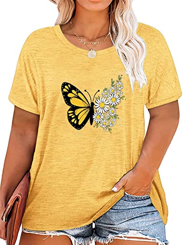 Plus Size Butterfly Shirt for Women Daisy Graphic Tees Short Sleeve Plus Size Summer Tops