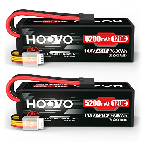 HOOVO 4S Lipo Battery 14.8V 120C 5200mAh RC Car Battery Hard Case with TR Plug Compatible for 1/8 and 1/10 RC Car Buggy Truggy Truck Slash 4X4 Crawler Monster 2 Pack