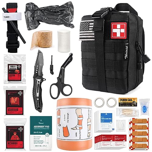 Emergency Survival First Aid Kit with Tourniquet, 6' Israeli Bandage, Splint, Military Combat Tactical Molle IFAK EMT for Trauma Wound Care, Blow Out, Bleeding Control and More (Black)