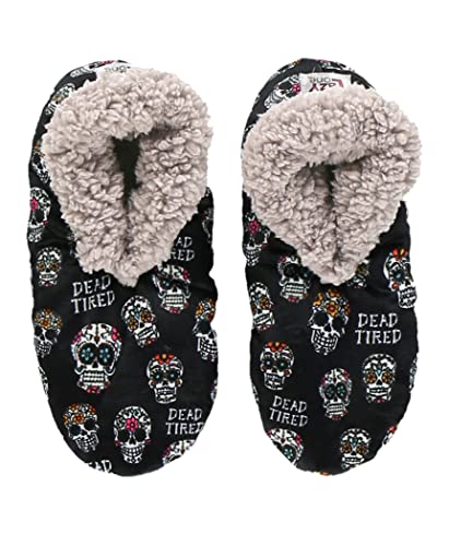 Lazy One Fuzzy Feet Slippers for Women, Cute Fleece-Lined House Slippers, Dead Tired, Sugar Skulls, Halloween, Non-Skid