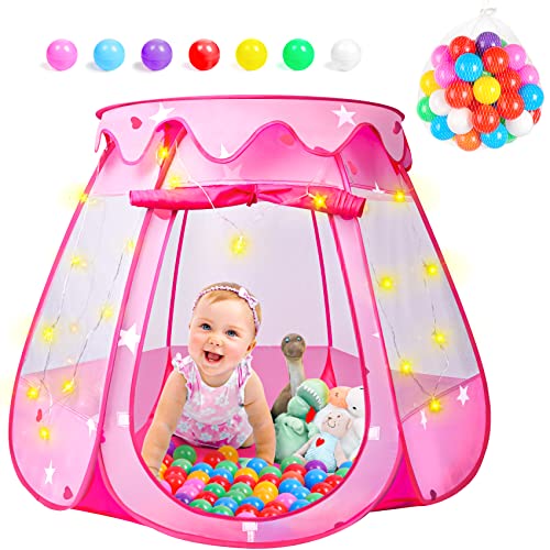 DISHIO Ball Pits with Balls Pop Up Tents with Star Lights for Toddlers Ball Pit Princess Tent Toys for 1 2 3 Year Old Girl Birthday Gift, Baby Ball Pit 50 balls Included, Indoor&Outdoor Kids Playhouse