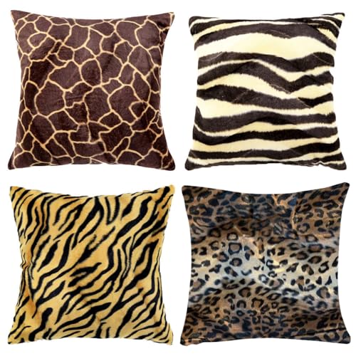 WOMHOPE 4 Pack - 18' x 18' Short Faux Fur Cushion Decorative Pillow Covers Animal Theme Print Style Square Throw Pillowcase Cushion Covers for Sofa,Bed,Chair,Auto Seat (F(Set of 4))