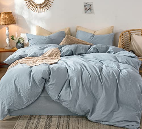 MooMee Bedding Duvet Cover Set 100% Washed Cotton Linen Like Textured Breathable Durable Soft Comfy (Cornflower Blue, King)