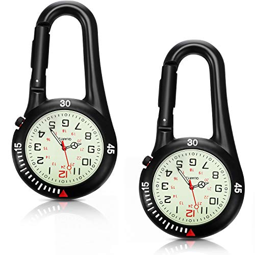 Hicarer 2 Pieces Clip on Quartz Watch Backpack Fob Belt Watch Glow in The Dark Unisex Pocket Watch with White Dial for Doctors Nurses Outdoor Activities (Black)