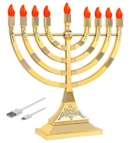 Electric Hanukkah Menorah LED Bulbs - Batteries or USB Powered - 4' Cable Included Battery Hanukkiah Chanukah Lights by Zion Judaica - Gold