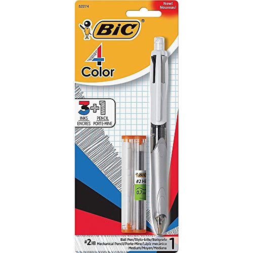 BIC 4-Color 3+1 Ballpoint Pen and Pencil, Pen Medium Point (1.0 mm), Pencil 0.7mm Lead, Assorted Ink Colors, 1-Count