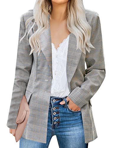 luvamia Women's Casual Long Sleeve Lapel Button Slim Work Office Blazer Jacket Business Casual Outfits for Women Tartan Plaid Brown/Mustard Size Small Size 4 Size 6