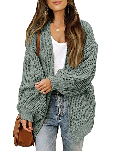 MEROKEETY Women's 2024 Fall Open Front Long Lantern Sleeve Cardigan Oversized Chunky Outwear with Pocket Sage