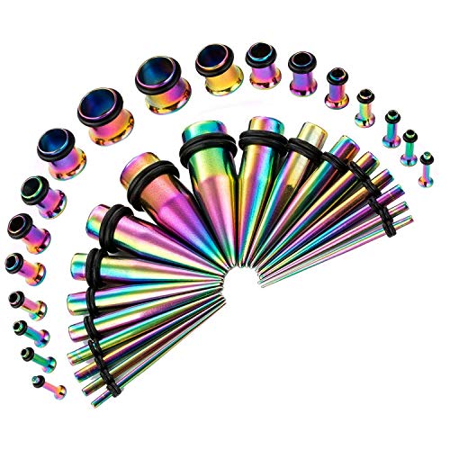 BodyJ4You 36PC Ear Stretching Kit - 14G-00G Beginner Gauges - Rainbow Steel Tapers Single Flare Plugs Tunnels - Stretchers Expanders Eyelets