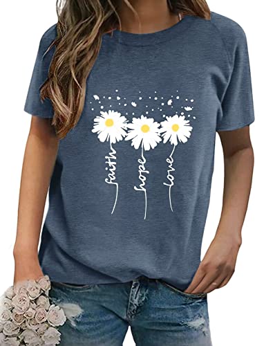 EADINVE Women Crewneck Sweatshirt Long Sleeve Faith-Hope-Love Daisy Print Tunic Tops Loose Fit Pullovers Shirts