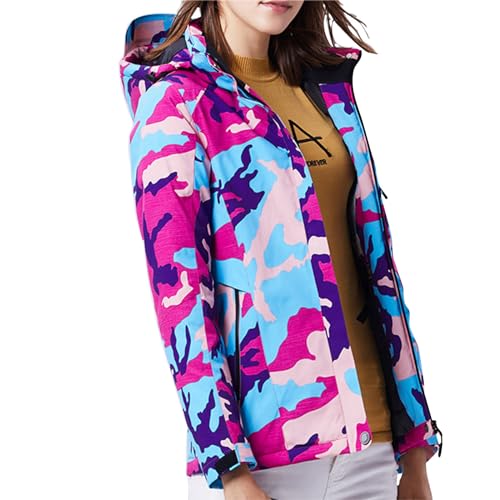 Womens Ski Suit Heated Jacket Windproof Insulated Ski Jackets Hooded Drawstring Stand Collar Snow Coat Printed Snowboard Snowmobile Snowsuits Zipper Pocket Mountain Sports Jackets