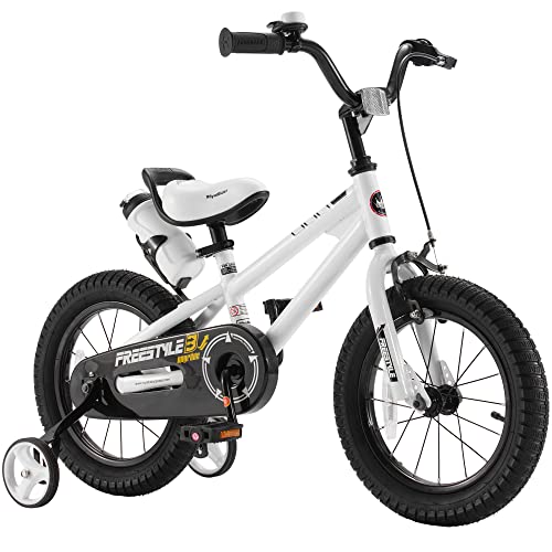 RoyalBaby Freestyle Kids Bike 14 Inch Childrens Bicycle with Training Wheels Toddlers Boys Girls Beginners Ages 3-5 Years, White
