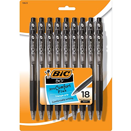 BIC BU3 Grip Retractable Ballpoint Pen, Medium Point (1.0mm), Black, Side Click Retraction For Added Convenience, 18-Count