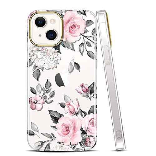 JAHOLAN Clear Case for iPhone 13 Mini Case with Flowers, for Girls Women, Shockproof Glitter Floral Pattern Hard Back Cover Phone Case 5.4 inch - Flower Rose Pink