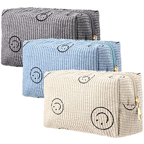 Photect 3 Pcs Corduroy Cosmetic Bag Smile Face Aesthetic Preppy Makeup Bag Corduroy Toiletry Aesthetic Pouch Travel Smile Bags for Women Purse Corduroy Makeup Organizer (Beige, Gray, Blue, Classic)…