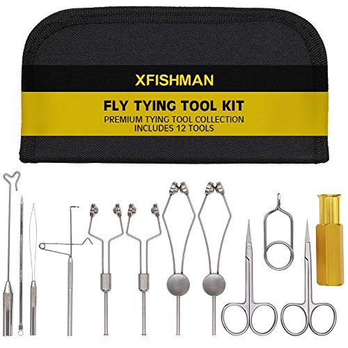 XFISHMAN Fly Tying Tool Kit 12 in 1 with Bobbin Finisher Scissors Hackle Hair Stacker Fly Fishing Tying Tools Set