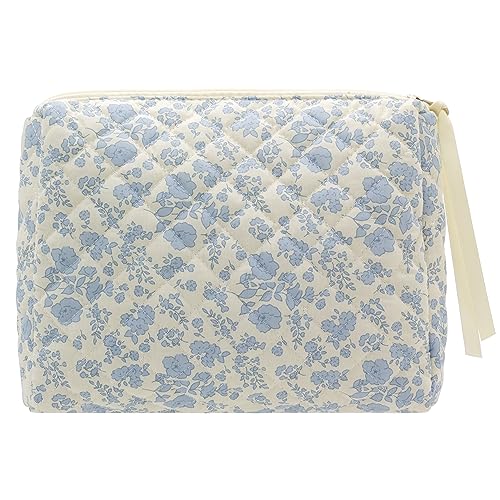 PAZIMIIK Cotton Makeup Bag for Women Large Quilted Travel Cosmetic Pouch Girls' Make Up Organizer,Little Flower Blue