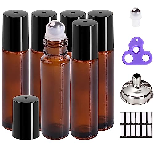 PrettyCare Roller Bottles For Oils 10 ml (Amber Glass, 6 Pack, 1 Extra Stainless Steel Balls, 12 Labels, 1 Opener, 1 Funnels Essential Oil Roller Bottles, Roller on Bottles