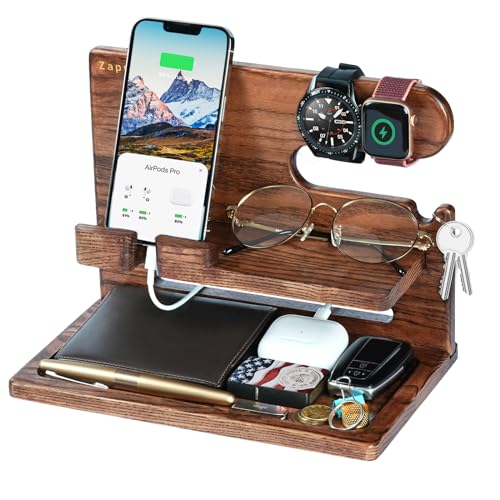ZAPUVO Gifts for Men, Gifts for Dad Husband Christmas Xmas from Daughter Son Kids Wife, Wood Phone Docking Station Nightstand Organizer, Birthday Gifts for Him Boyfriend Anniversary Stocking Stuffers