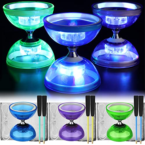 Jerify 3 Set Diabolo Chinese Yoyo Toy Set Include 3 Light Up Diabolo Yoyo 6 Diabolo Sticks 3 Diabolo String and 3 Net Bag for Children Adults Beginners (Blue, Green, Purple)