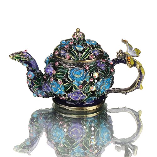 YU FENG Vintage Flower Teapot Trinket Boxes Hinged Collectible Crystals Jeweled Painted Enameled Decorative Jewelry Box