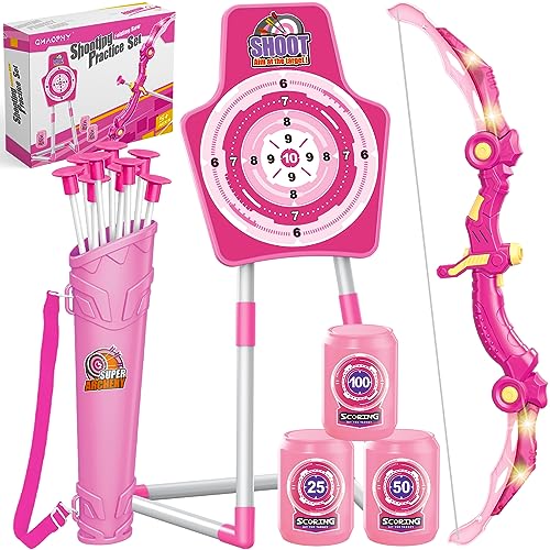 GMAOPHY Bow and Arrow Toys for Girls 5 6 7 8 Years Old, Archery Set Includes Super Bow with LED Lights, 10 Suction Cups Arrows,Archery Set with Standing Target and 3 Target Cans, for Girls