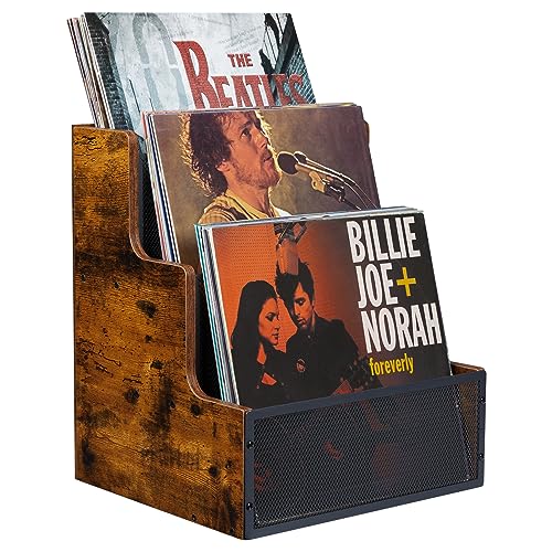 Yuzehuaza Vinyl Record Storage Holder, Stepped 3 Tier LP Vinyl Record Crate with Metal Grid, Wooden Album Storage Desktop Organizer Box for Vinyl, Rustic Brown & Black (Patent Pending)