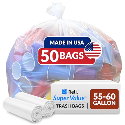 Reli. SuperValue 55-60 Gallon Trash Bags | 50 Count | Made in USA | Heavy Duty | Clear Multi-Use Garbage Bags