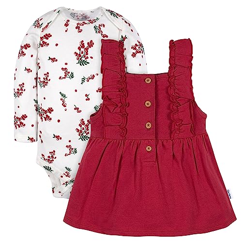 Gerber Baby Girls Toddler 2 Piece Overall Dress Set, Red Holly Berries, 0-3 Months