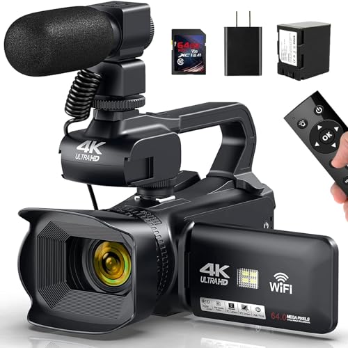 Video Camera Camcorder 4K 64MP 60FPS,HD Auto Focus Vlogging 4.0' Touch Screen 18X Zoom Digital Camera with Charger, Microphone, Handhold Stabilizer, 64G SD Card, Remote Control