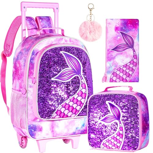 AGSDON 3PCS Rolling Backpack for Girls, Kids Roller Wheels Bookbag, Wheeled School Bag with Lunch Bag - Mermaid Pink