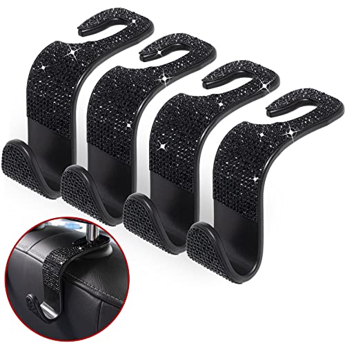 LivTee Crystal Bling Rhinestone Car Back Seat Headrest Hook, Purse Bag Holder, Car Interior Accessories for Women and Men, 4-Pack (Black)