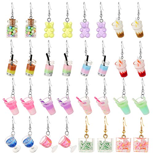 16 Pairs Cute Weird Dangle Earrings for Teen Girls Gummy Bear Earrings Creative Unique Pearl Milk Tea Bottle Funny Earrings (16 Pairs-B)