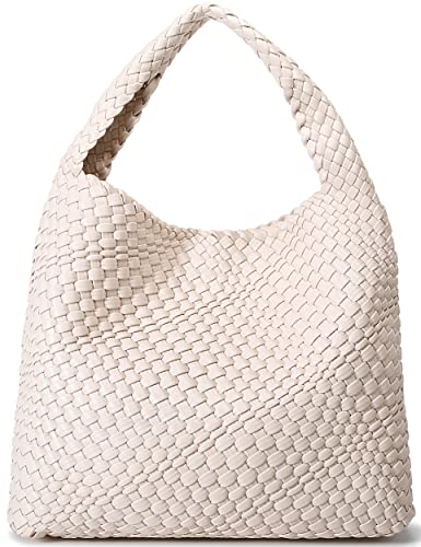 Fashion Woven Purse for Women Top-handle Shoulder Bag Soft Summer Hobo Tote Bag (Creamy-White)