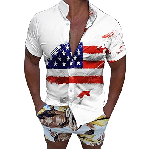Mens 4th of July Shirts Slim Fit Button Dowm American Flag All Over Printed Patriotic T-shirt Short Sleeve Vacation Tops