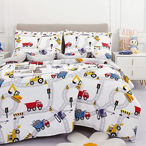 Viviland Twin Comforter Set for Boys - Kids Brushed Microfiber Twin Bedding Set - 5 Pieces Machine Washable Bed in A Bag with Soft Comforters, Sheet Set, Shams - Excavator Car Printed