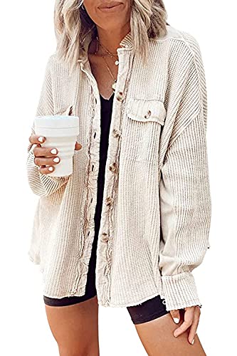 Yanekop Womens Waffle Knit Shacket Boyfriend Shirt Jacket Button Down Blouse Loose Fit Long Sleeve Tops(02 Beige,M)