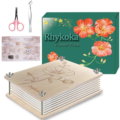 Rhykoka Professional Flower Press, 8 Layers 6.3x8.3 inch (16x21cm) Wooden Flower Press Kit/Flower Pressing for Kids Adults, Great Gift for DIY Flowers Lovers (Wooden)